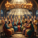 People gathered under arches with flames above their heads representing the Holy Spirit descending on Pentecost