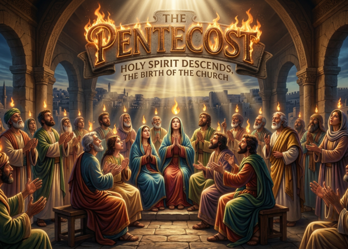 People gathered under arches with flames above their heads representing the Holy Spirit descending on Pentecost